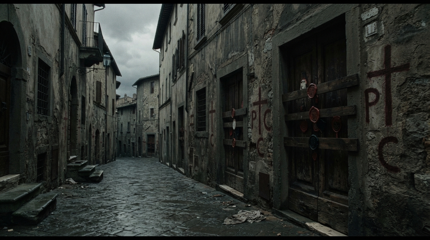 Renaissance Italian street showing sealed doors and plague quarantine restrictions that trapped Friar John.