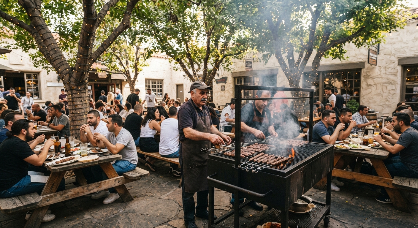 Al fresco dining patio at Hamlet's Kitchen Glendale, showing communal tables under trees and grill masters cooking lule kebabs over charcoal.