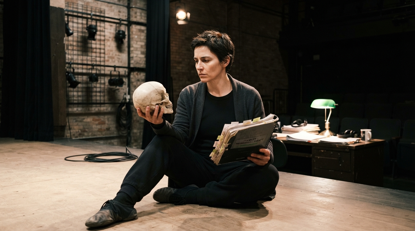 An actor in modern rehearsal clothes studies an annotated script and holds a skull on a minimalist theatre stage.