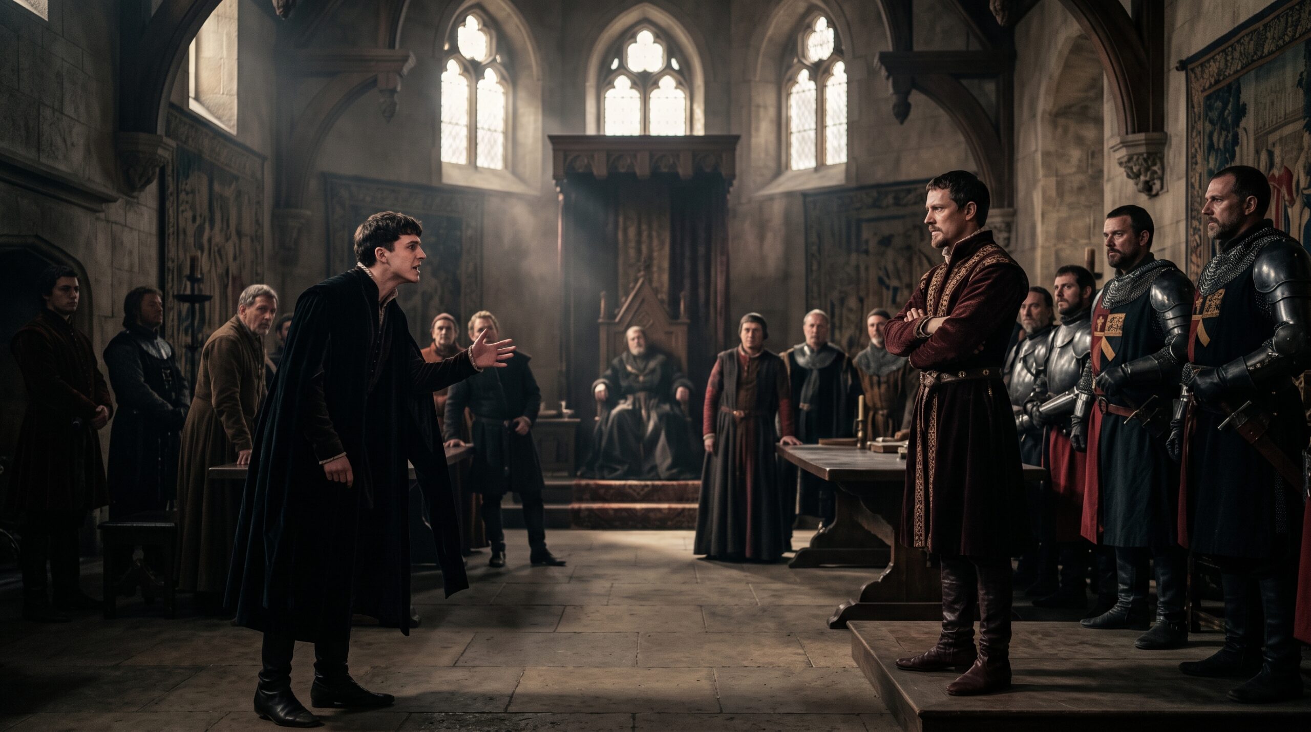 Visualization of political rivalry: Thomas Lancaster, Duke of Clarence, and Prince Hal (Henry V) arguing in front of their ill father, King Henry IV.