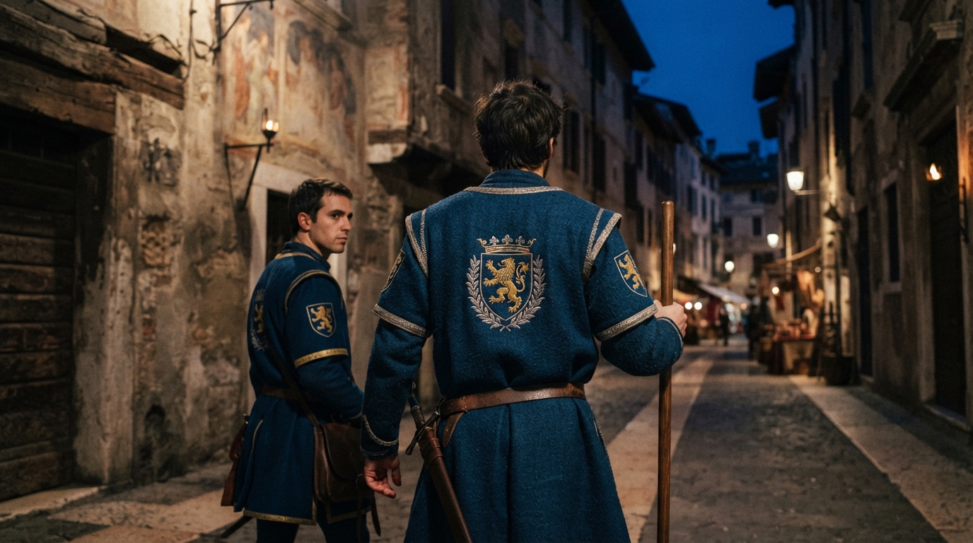 Historical reenactment of Montague servants Abram and Balthasar in period livery walking through Verona streets.