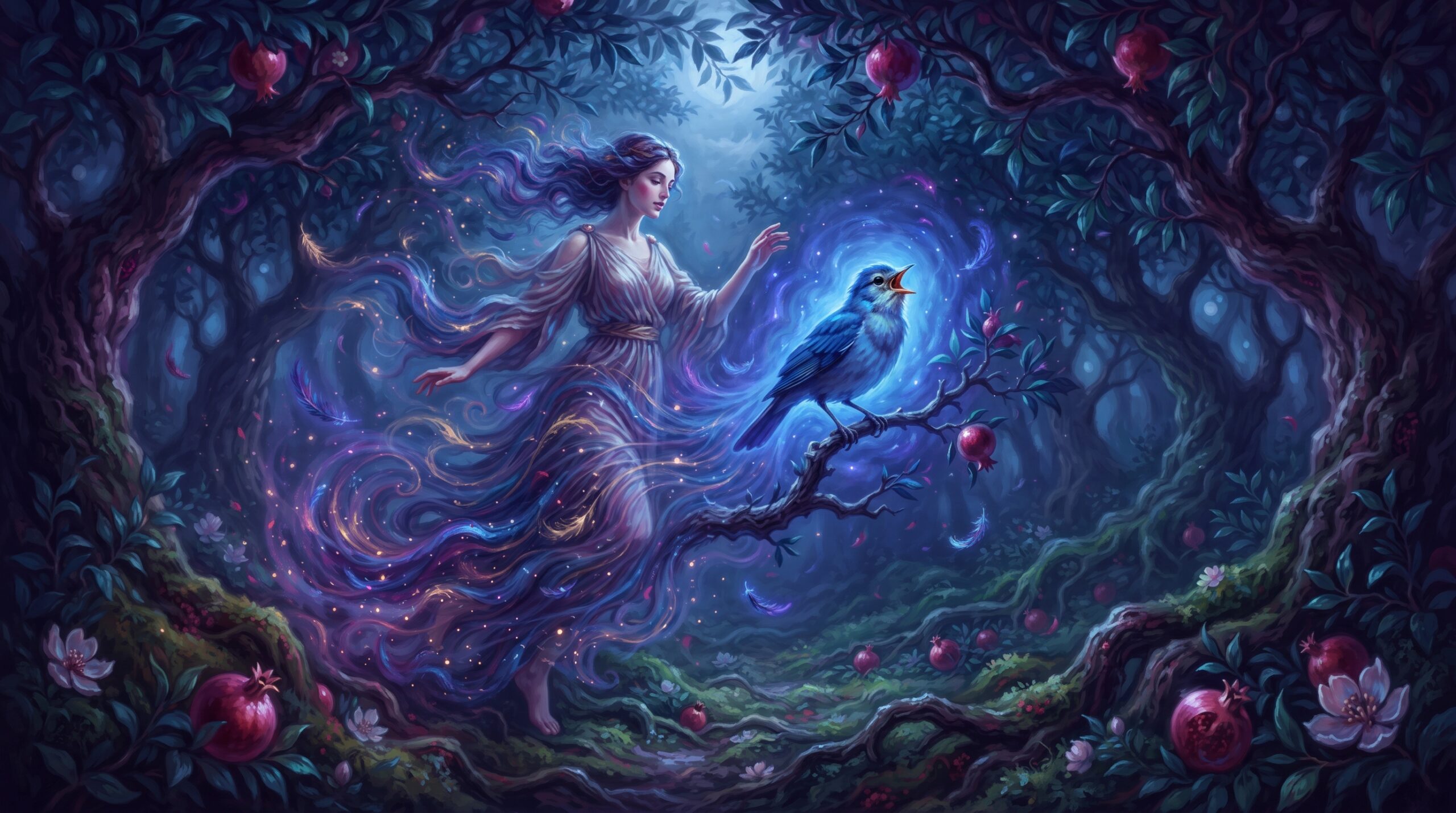 A visual depiction of the Philomela myth and the nightingale's safe, sorrowful song in night.