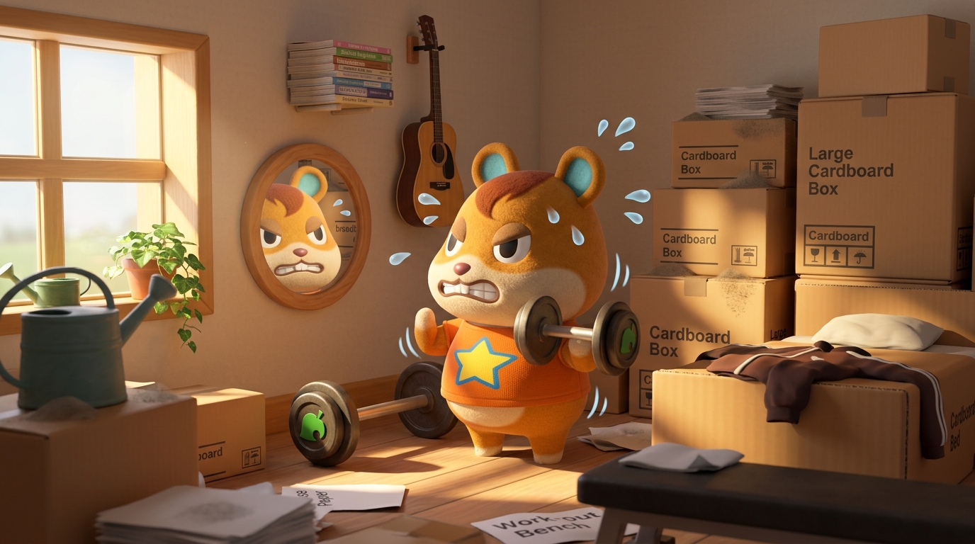Hamlet the hamster villager lifting small weights in his cardboard-box-filled bedroom, displaying dynamic physical exertion.