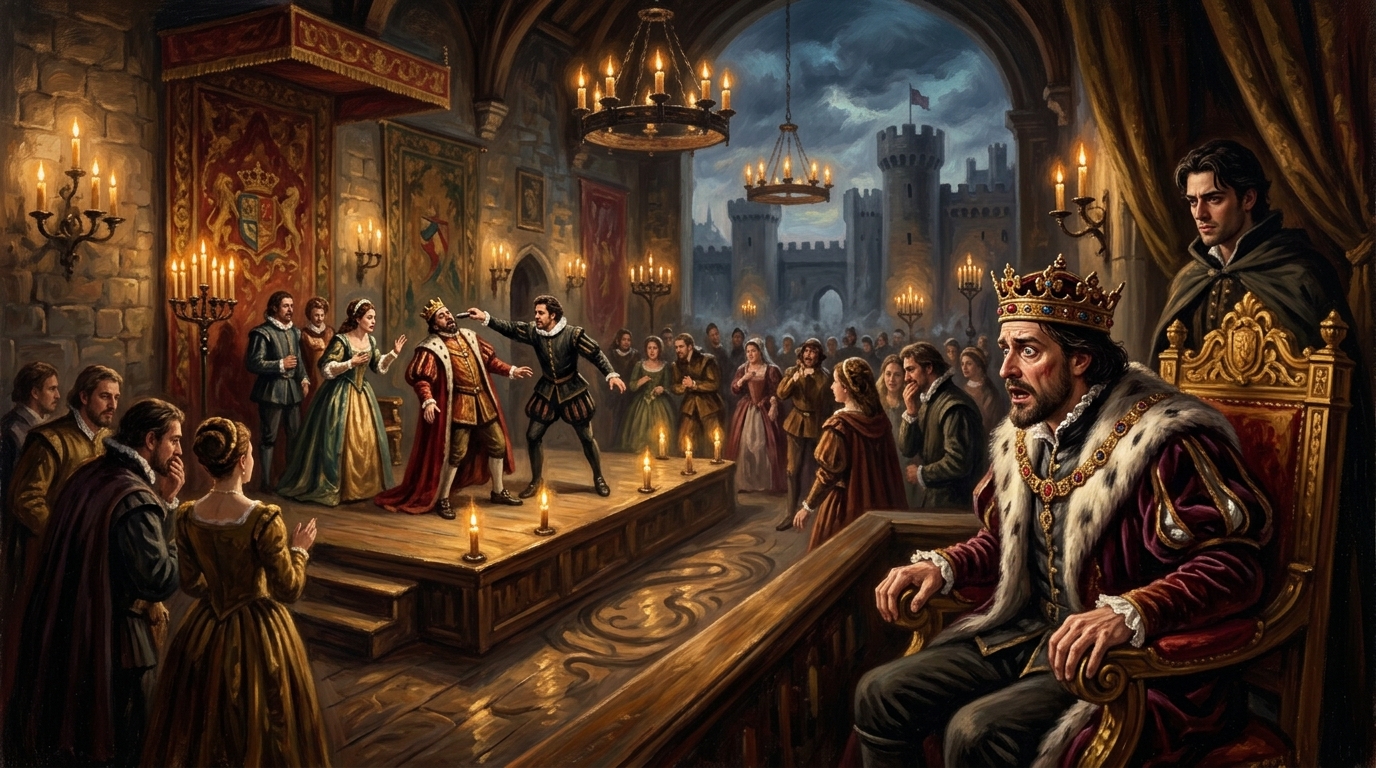 King Claudius reacting with shock to the play within a play performance at the royal court.