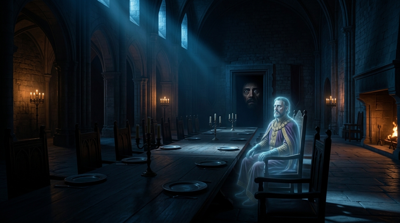 A dramatic photograph focusing on a long, empty banquet table with a translucent phantom figure of Banquo sitting in the chief guest chair, illustrating the extreme dramatic irony of Macbeth's "fail not our feast" invitation in Act 3 Scene 1.
