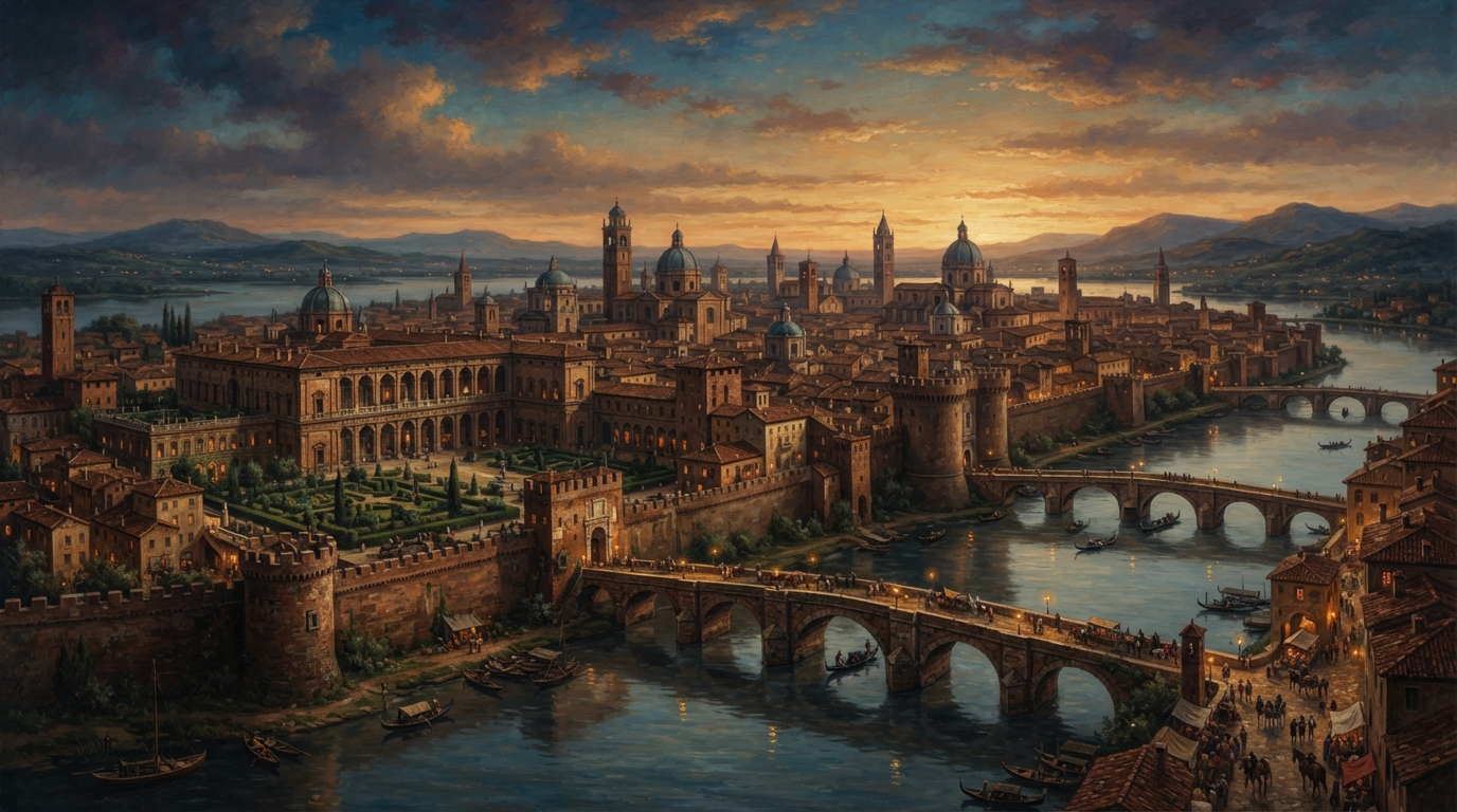 Historical view of a 16th-century Renaissance Italian city-state representing Mantua in Shakespeare's era.