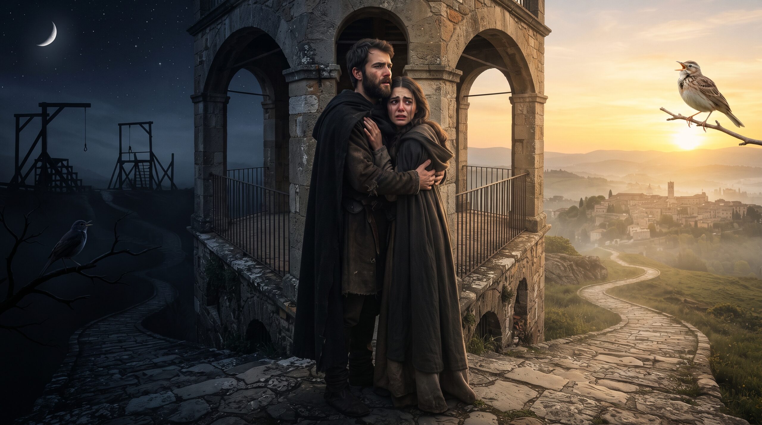 Romeo and Juliet at a dramatic crossroads of danger and safety on their balcony during dawn.