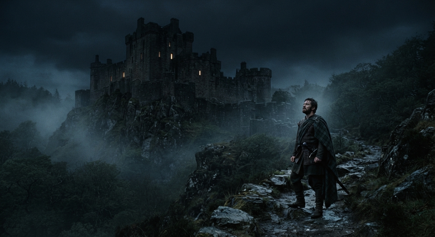 Dramatic close-up of Macbeth experiencing the floating, bloody dagger hallucination in a dark castle corridor, highlighting his psychological turmoil.
