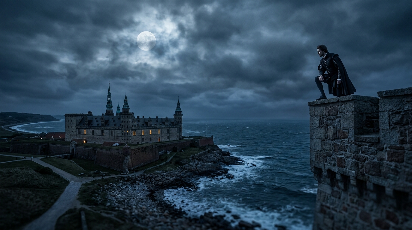 Cinematic wide shot of Elsinore Castle at night with Prince Hamlet looking over a stormy sea.