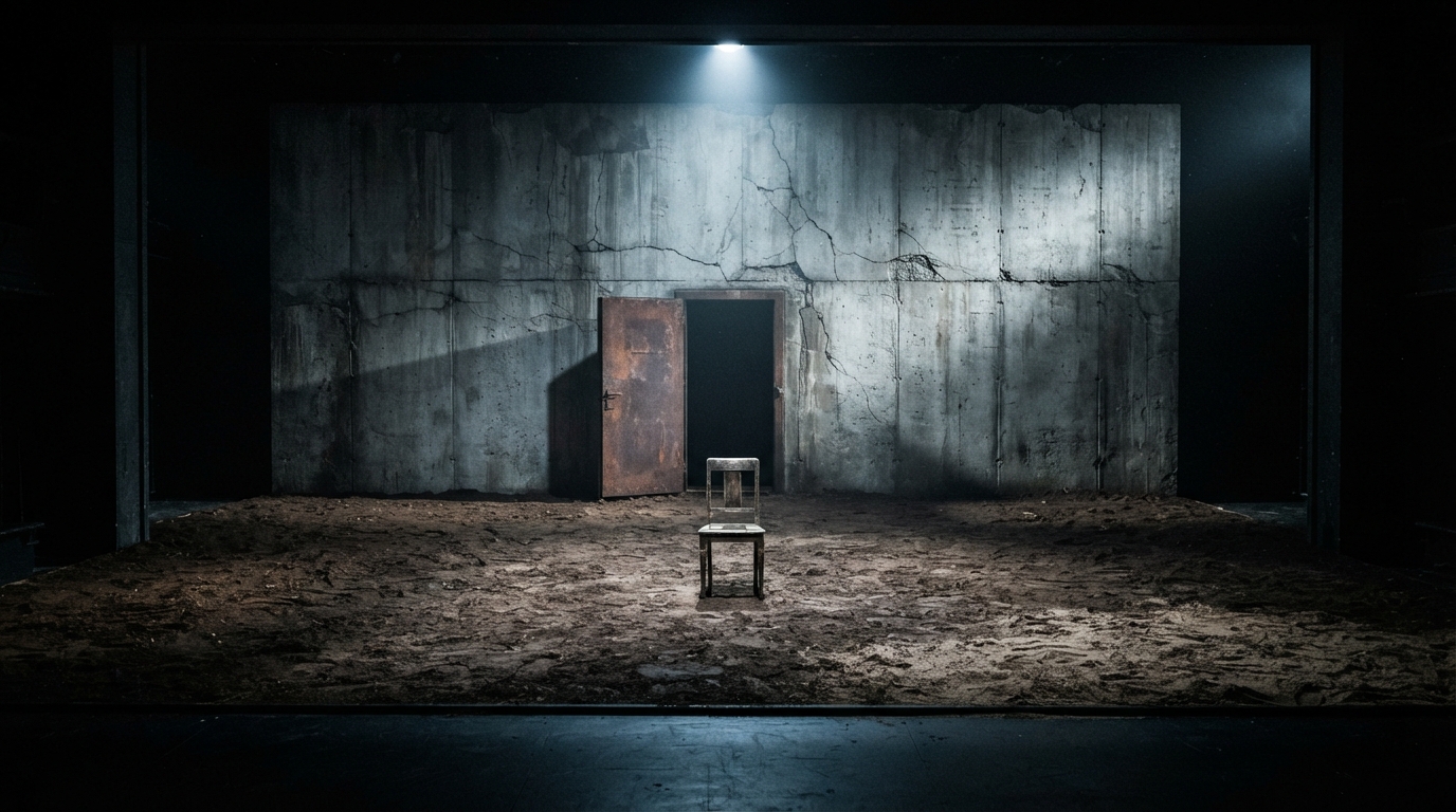 Stark, minimalist stage design featuring dark earth and a brutalist concrete wall for a modern Hamlet production.