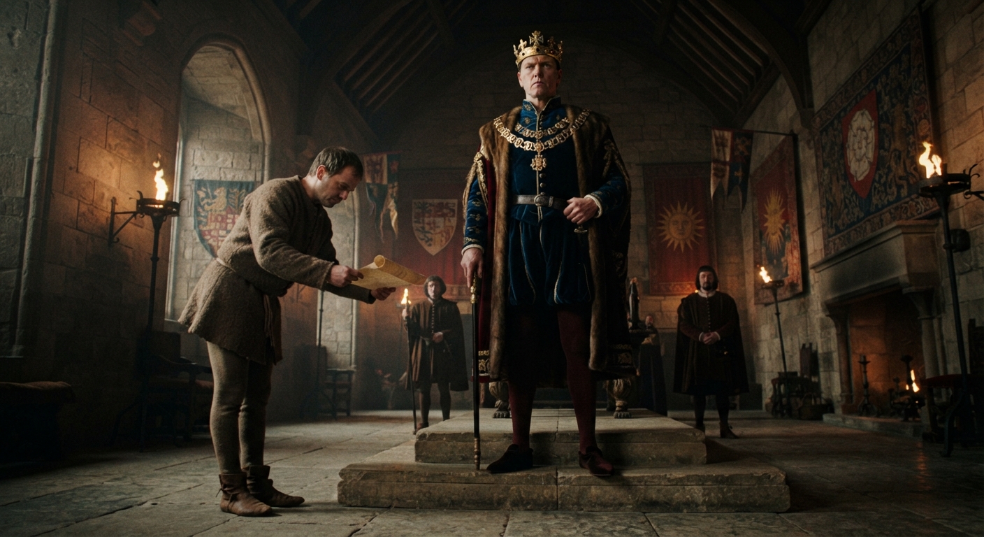 Historical reenactment showing towering King Edward IV towering over average-height courtiers in a medieval hall.