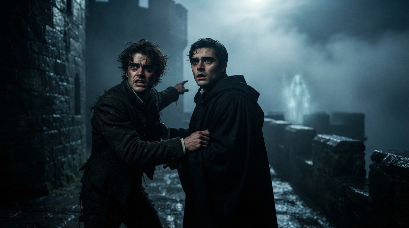Hamlet revealing the presence of the supernatural Ghost to a skeptical Horatio on a castle battlement.