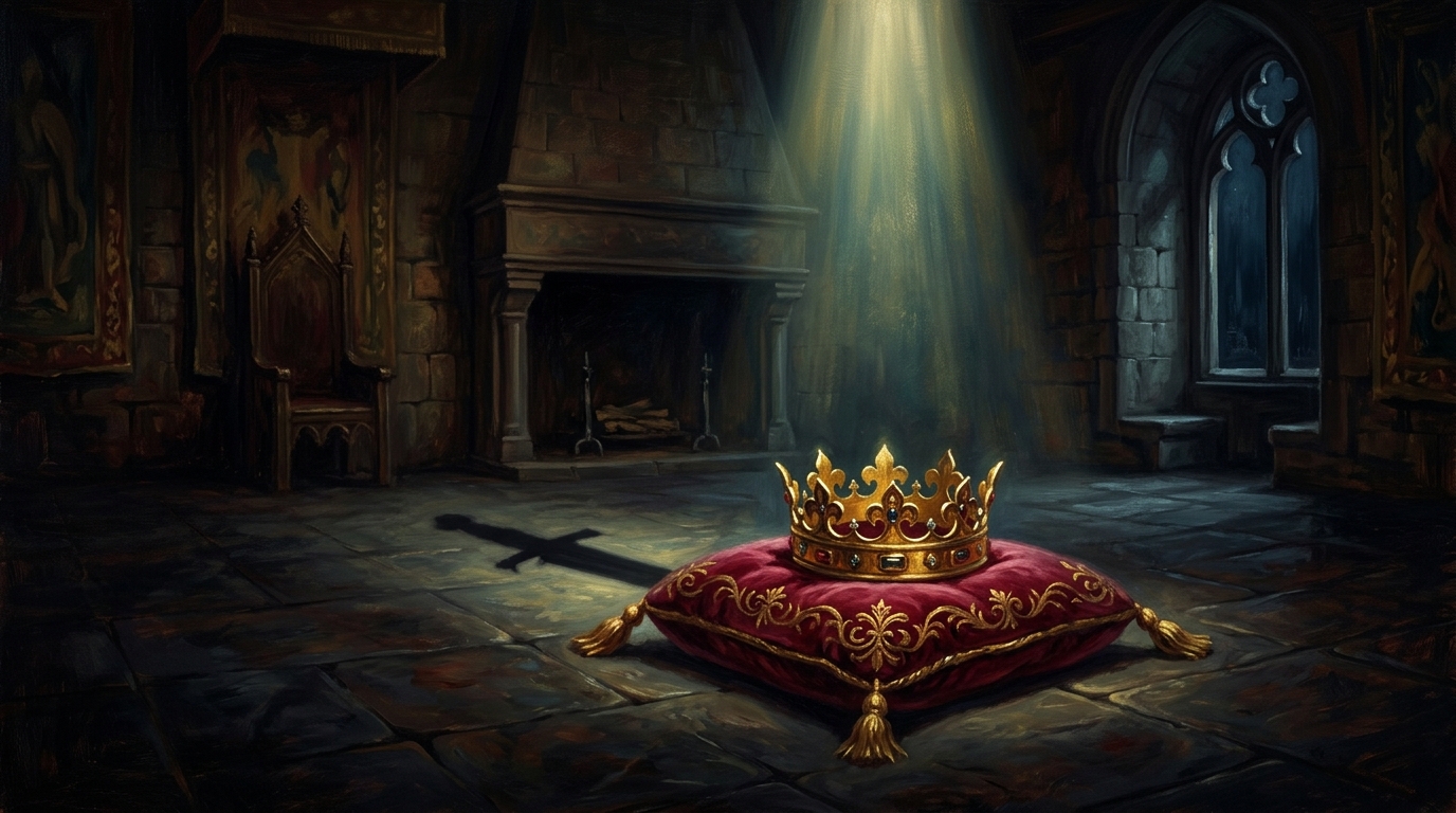 A royal crown on a velvet cushion with a dagger-shaped shadow symbolizing regicide in Shakespeare's Macbeth.