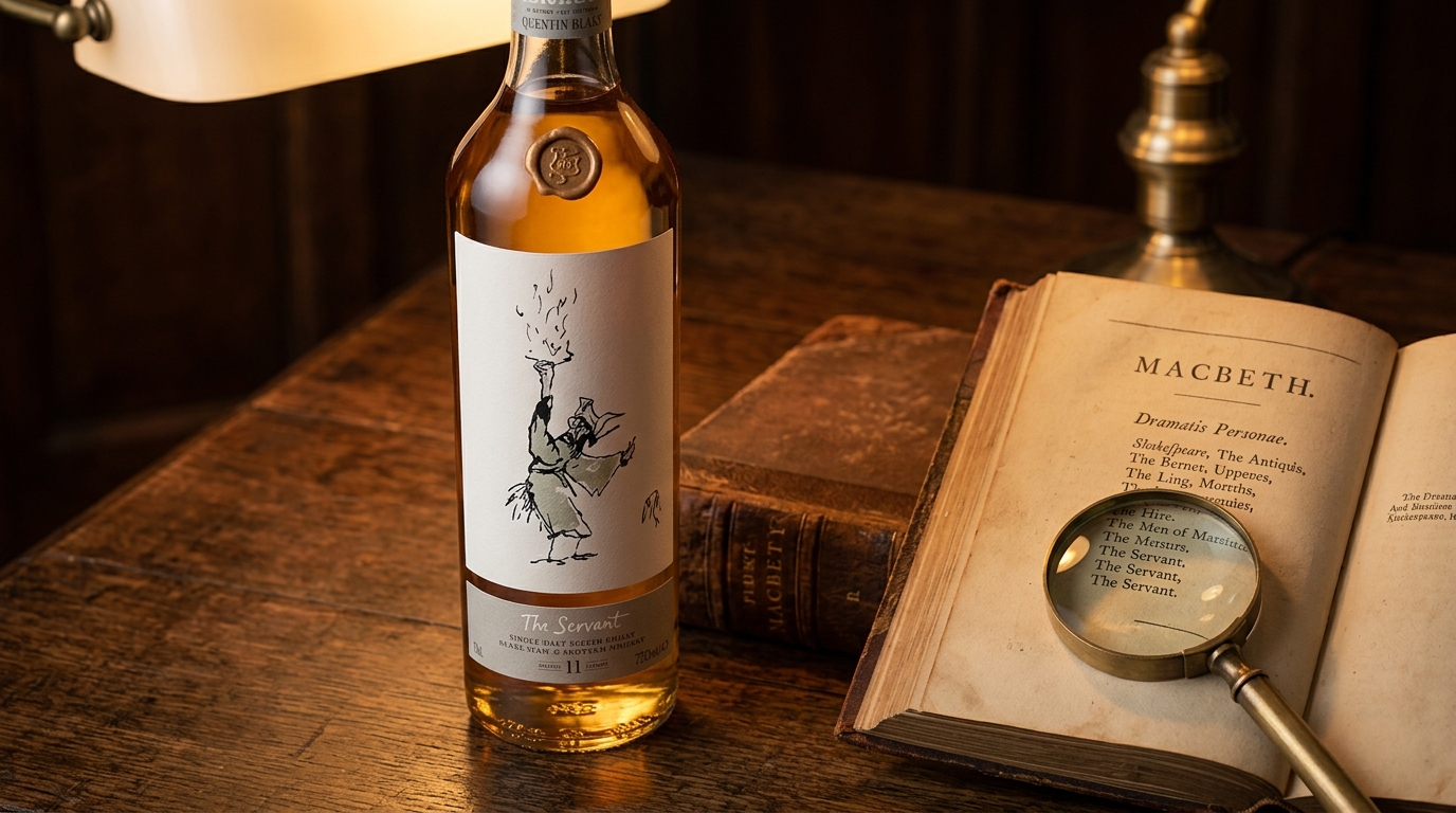 A bottle of Clynelish 14 Macbeth 55.1 whisky resting next to an antique, leather-bound copy of Shakespeare's Macbeth opened to the cast list.