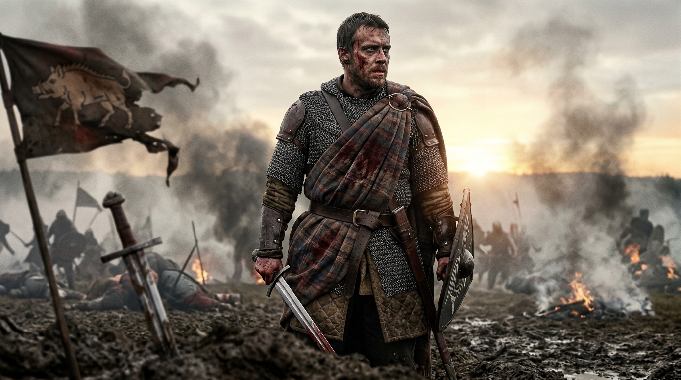 cinematic portrait of macbeth victorious and bloody on a medieval battlefield representing his valor