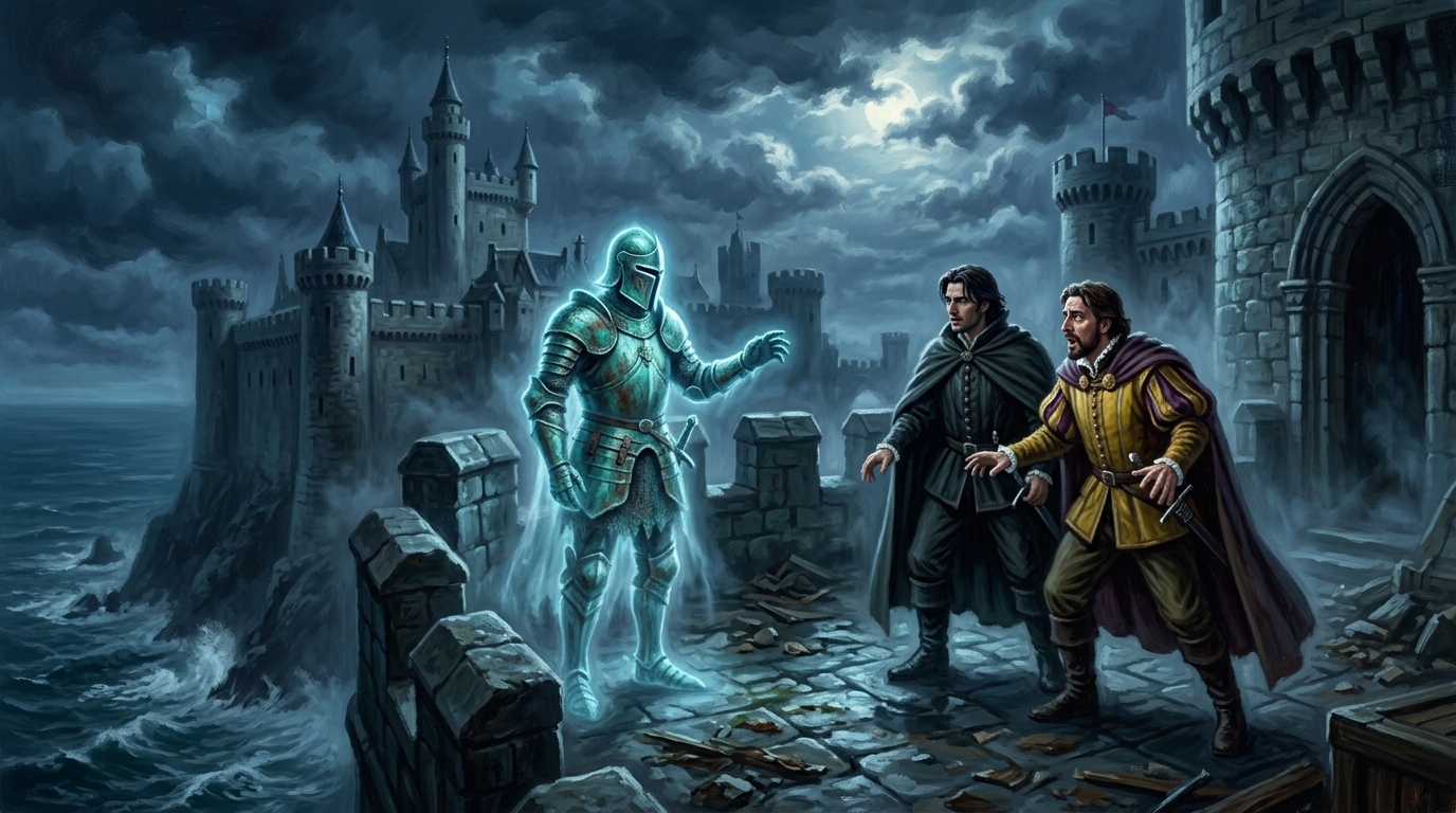 Prince Hamlet and Horatio encountering the glowing Ghost of King Hamlet on the mist-covered castle walls.