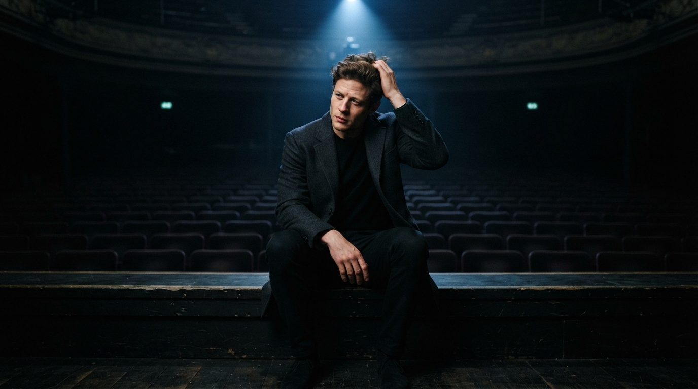 Actor James Norton looking intense and introspective on a dark theatre stage, preparing for the role of Hamlet.