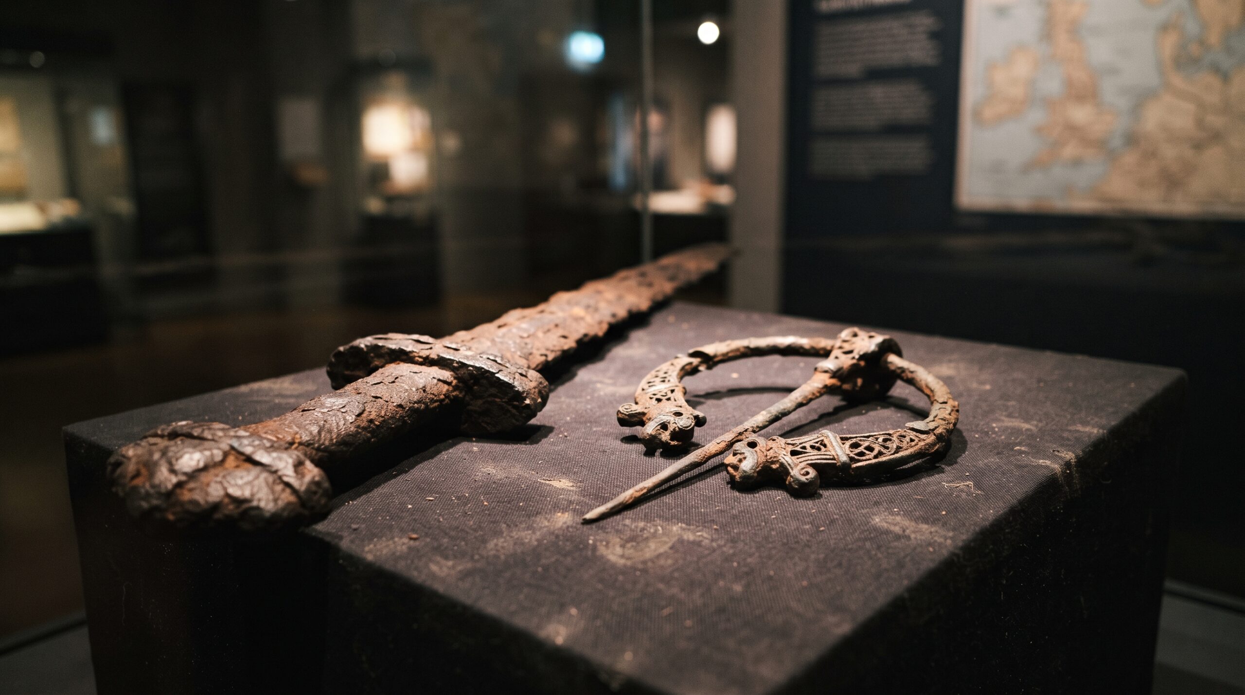 Authentic 11th-century rusted sword and Celtic brooch artifacts in a museum, representing the historical era of King Duncan I and Macbeth.