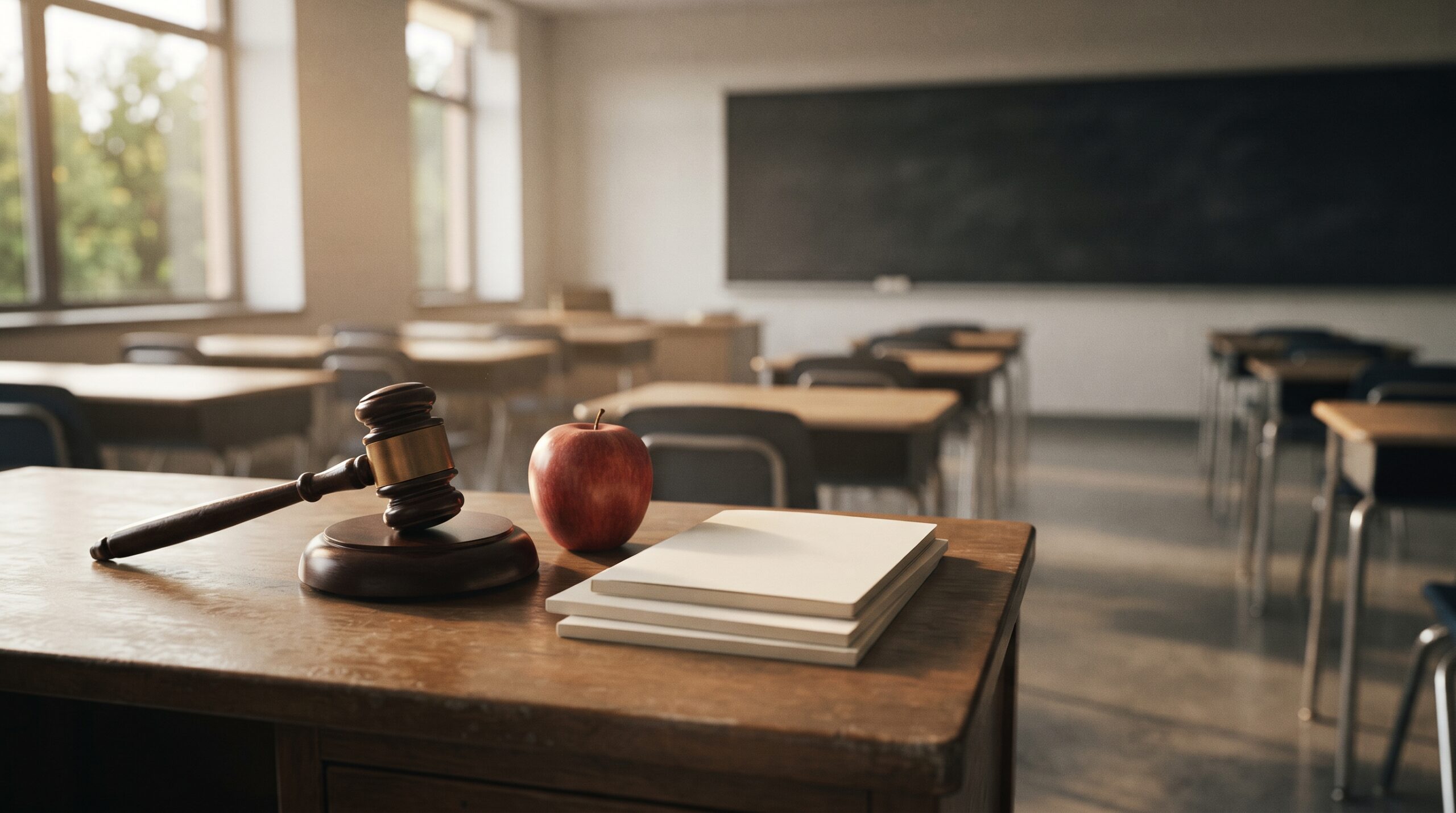 A judge's gavel resting on a teacher's desk representing legal exceptions for school employees in Alabama.