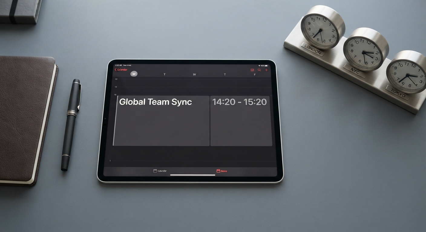 Digital tablet displaying a global team meeting scheduled at 14:20 alongside analog world clocks showing 2:20 PM.