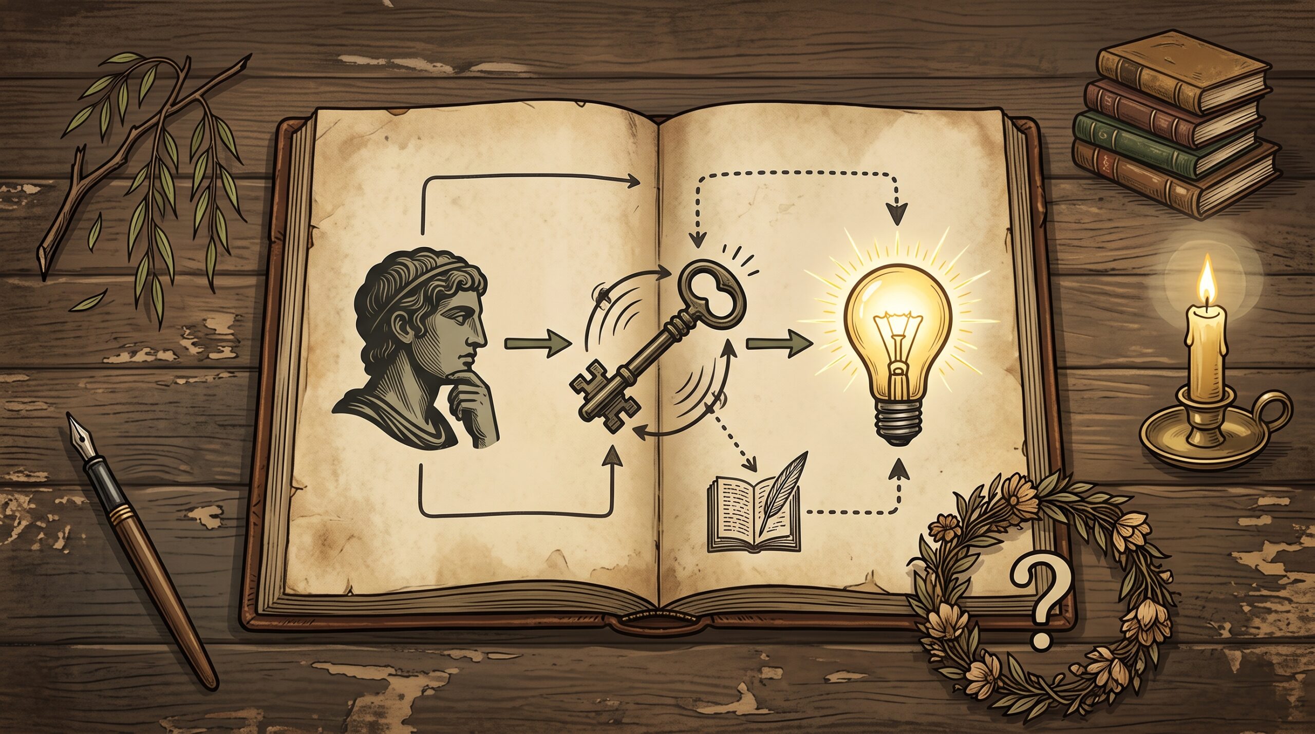 An illustrative educational graphic of icons (broken willow, open notebook, flowers, question mark) on a weathered surface, serving as an expert study aid for writing about Ophelia.