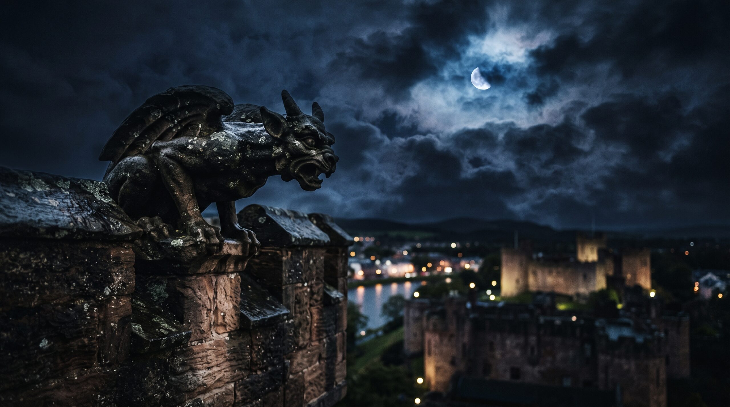 Stone gargoyle on medieval Scottish castle battlements under a stormy sky, symbolizing the unnatural events following King Duncan's murder in Macbeth.