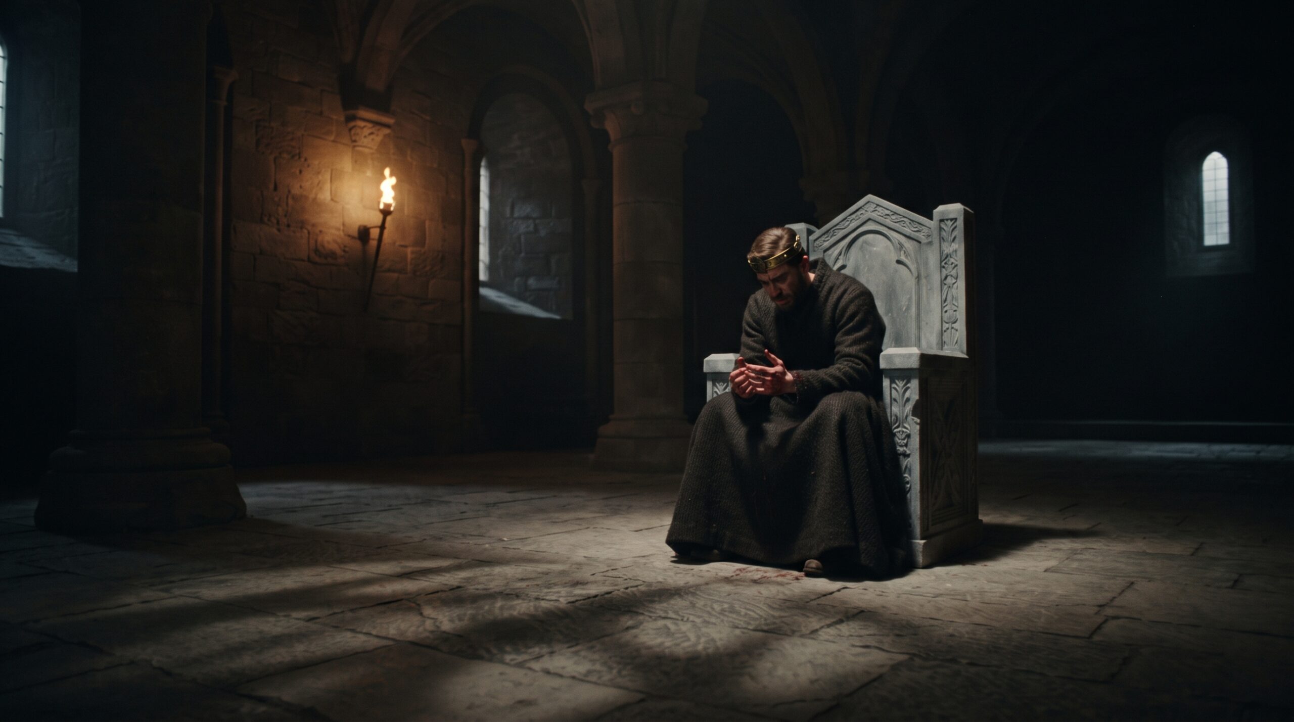 Macbeth sitting alone and paranoid on a dark, empty throne in a vast stone hall, illustrating the psychological consequences of his guilt.