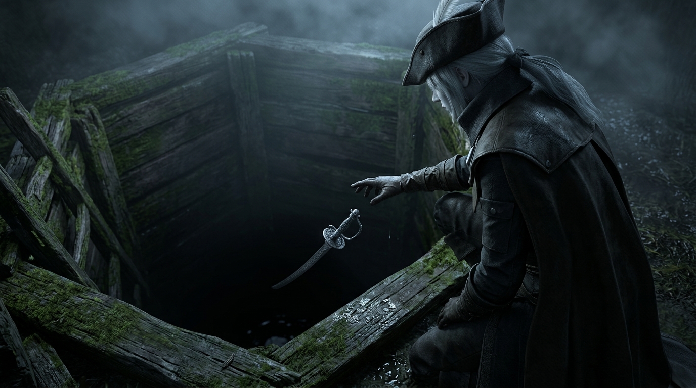 Bloodborne Lady Maria dropping her Rakuyo weapon down a well in the Fishing Hamlet, symbolizing her unbearable guilt and remorse.