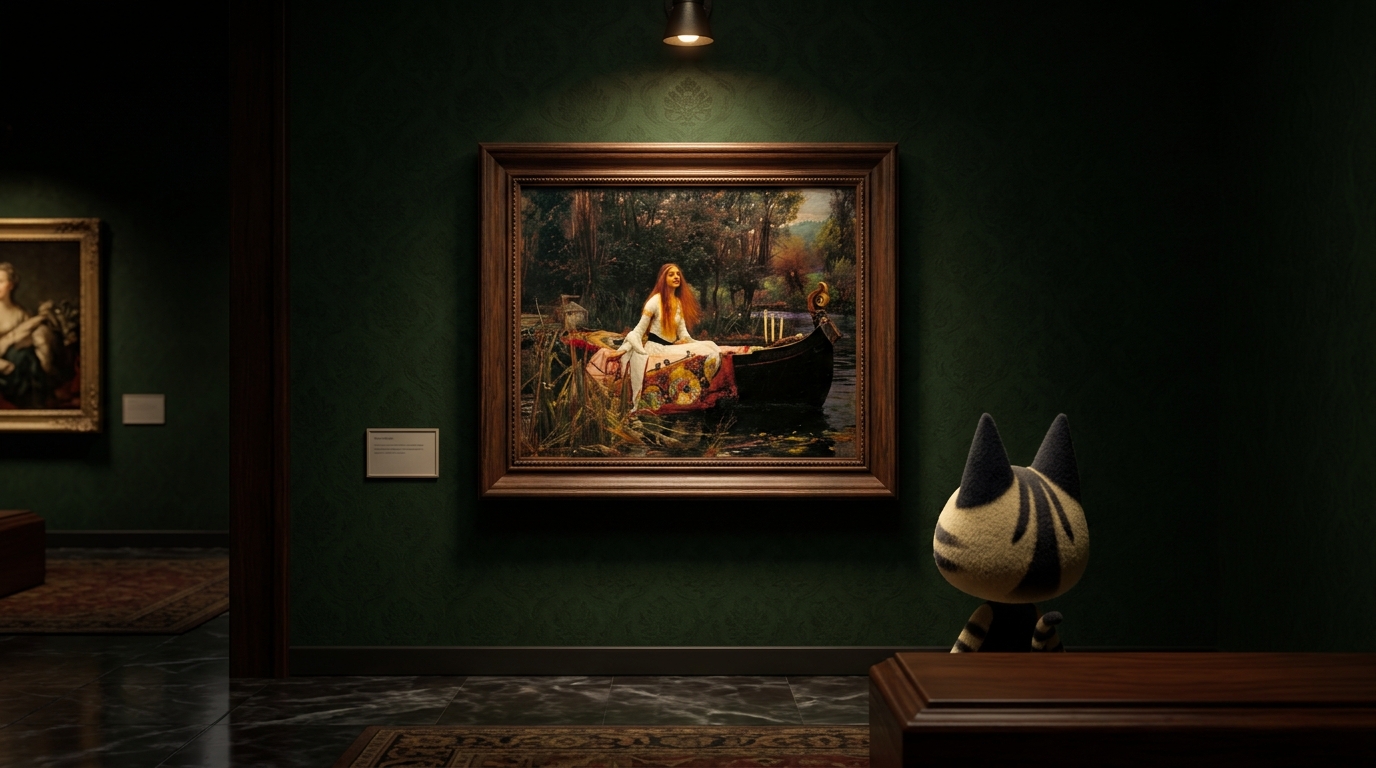 The "Sinking Painting" (Millais' Ophelia) hanging in the art gallery of the Blathers Museum in Animal Crossing.