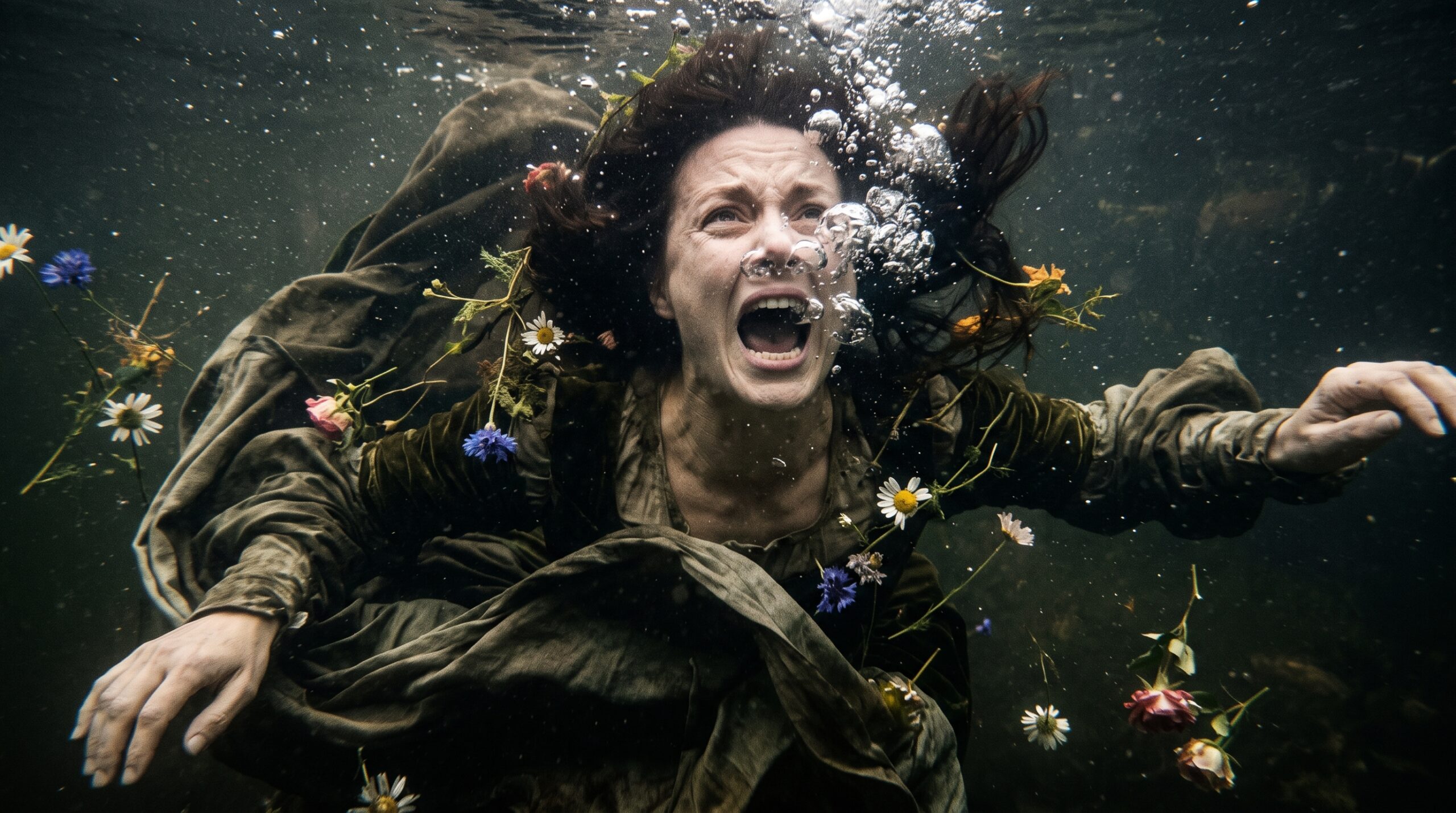 A visceral, raw photographic portrait of Ophelia screaming underwater, illustrating the shift from romanticized victimhood to dramatic psychological trauma in modern cultural interpretations.