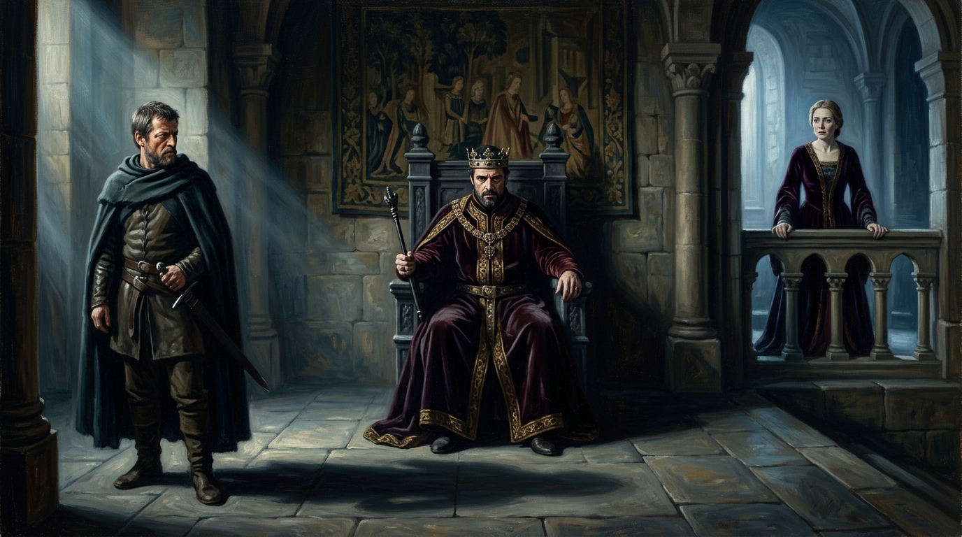 A classical-style triple portrait composition in a 16:9 ratio, showing Macbeth centrally on a dark throne in isolation, Banquo in a separate light looking on with suspicion, and Lady Macbeth in the background looking anxious and marginalized, illustrating the characters' shifting dynamics in Act 3 Scene 1.