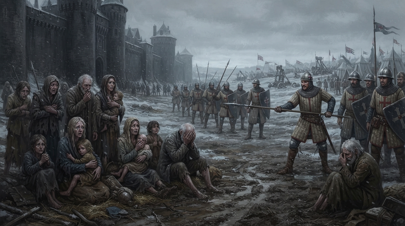 Somber historical illustration depicting the humanitarian crisis and starvation outside the walls of Rouen during Henry V's siege.