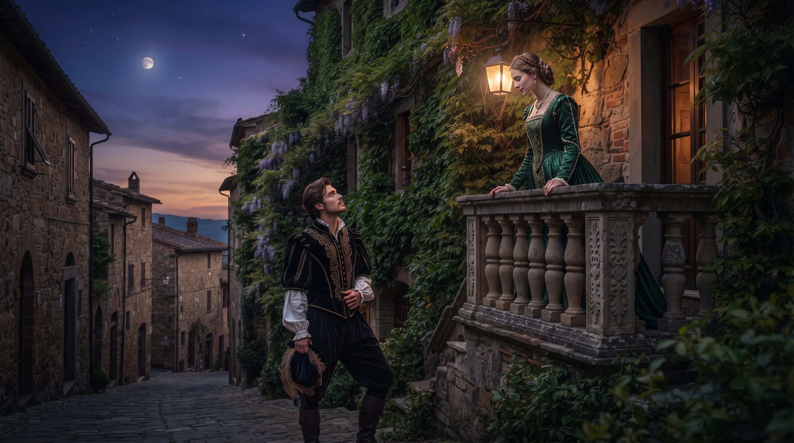 Renaissance depiction of Romeo and Juliet at a balcony in Verona under moonlight.