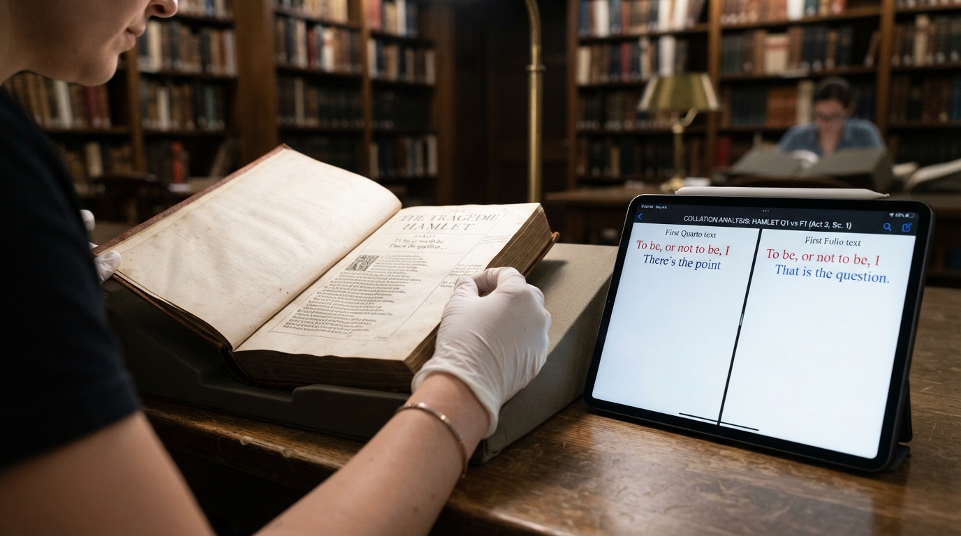 A scholar wearing archival gloves compares a Hamlet First Folio facsimile with a digital collation on a tablet in a rare book library.