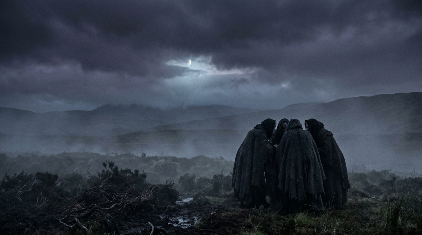 atmospheric wide shot of three witches on a misty scottish moor at twilight representing macbeth