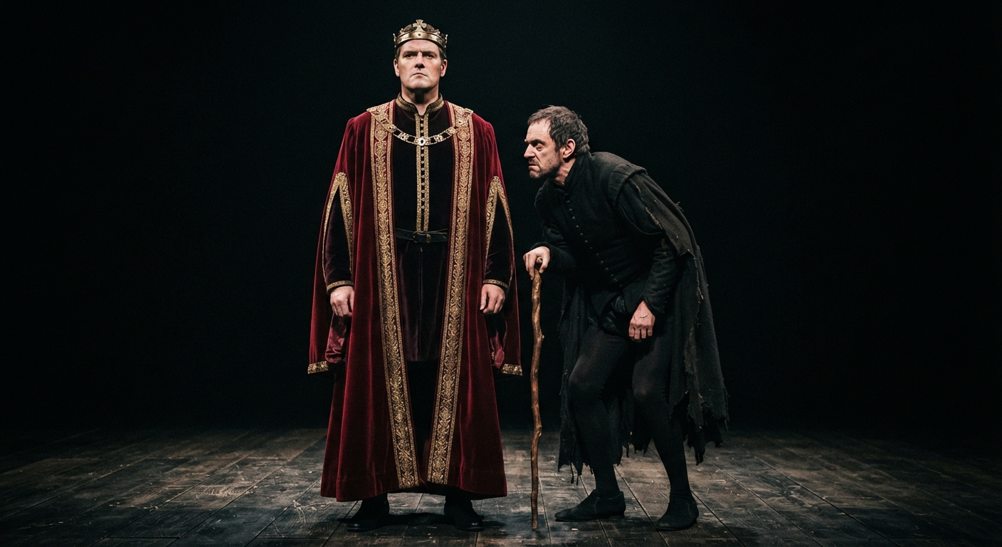 Stage actors portraying the physical contrast between towering King Edward IV and the hunchback Richard III in a Shakespeare play.