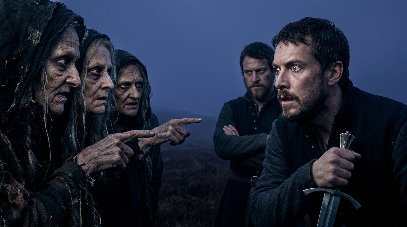 close up of macbeth looking shocked and ambitious while hearing prophecies from the three witches on the heath