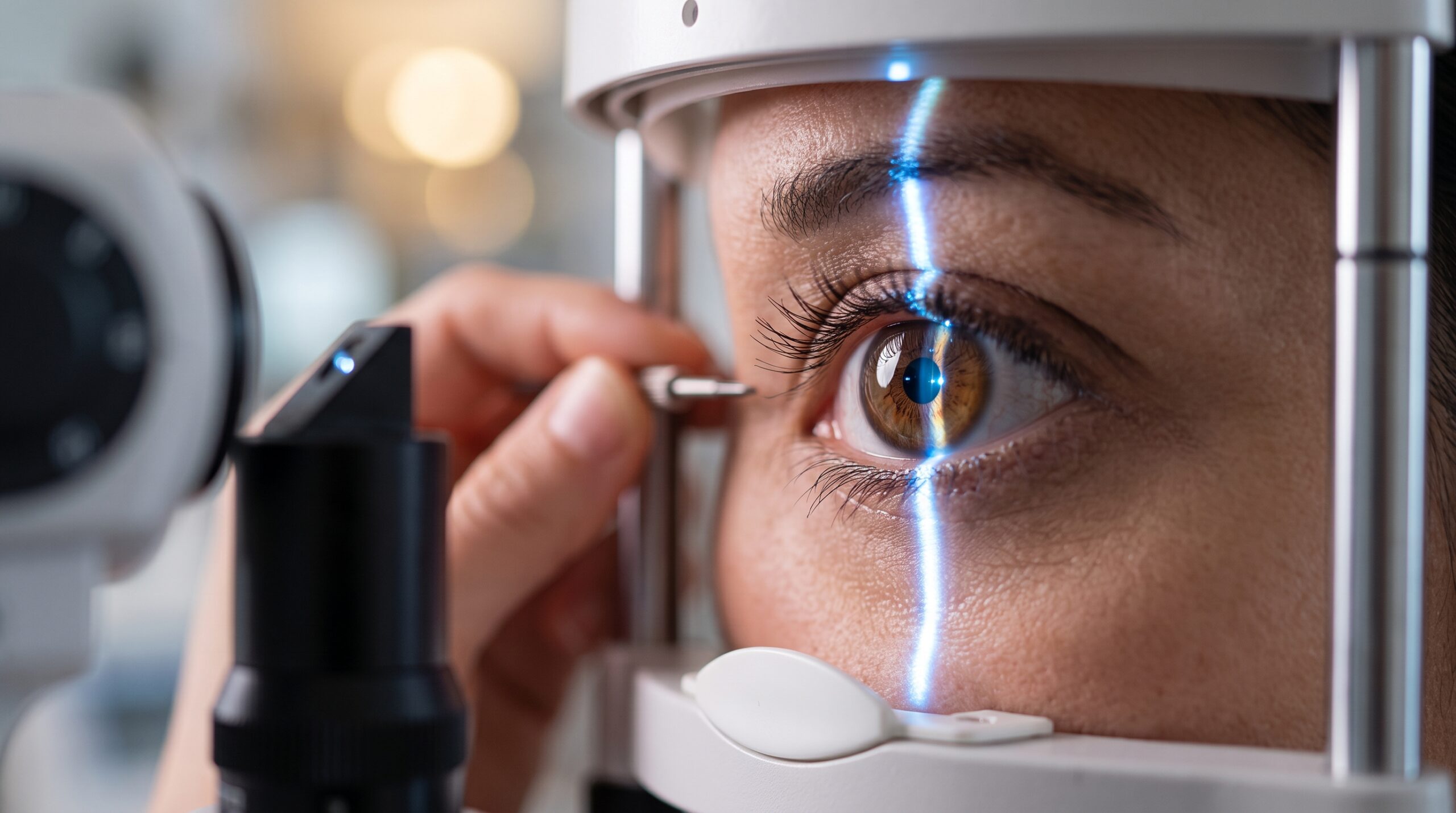 A close-up view of a patient receiving a slit-lamp microscope examination during an eye appointment in Vincennes.