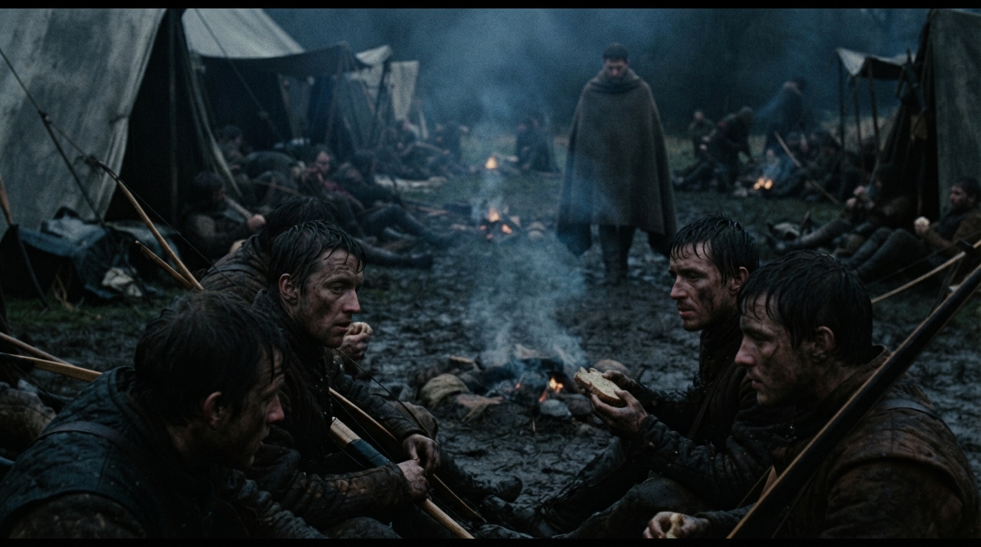 Exhausted English soldiers resting by campfires at night before the Battle of Agincourt.
