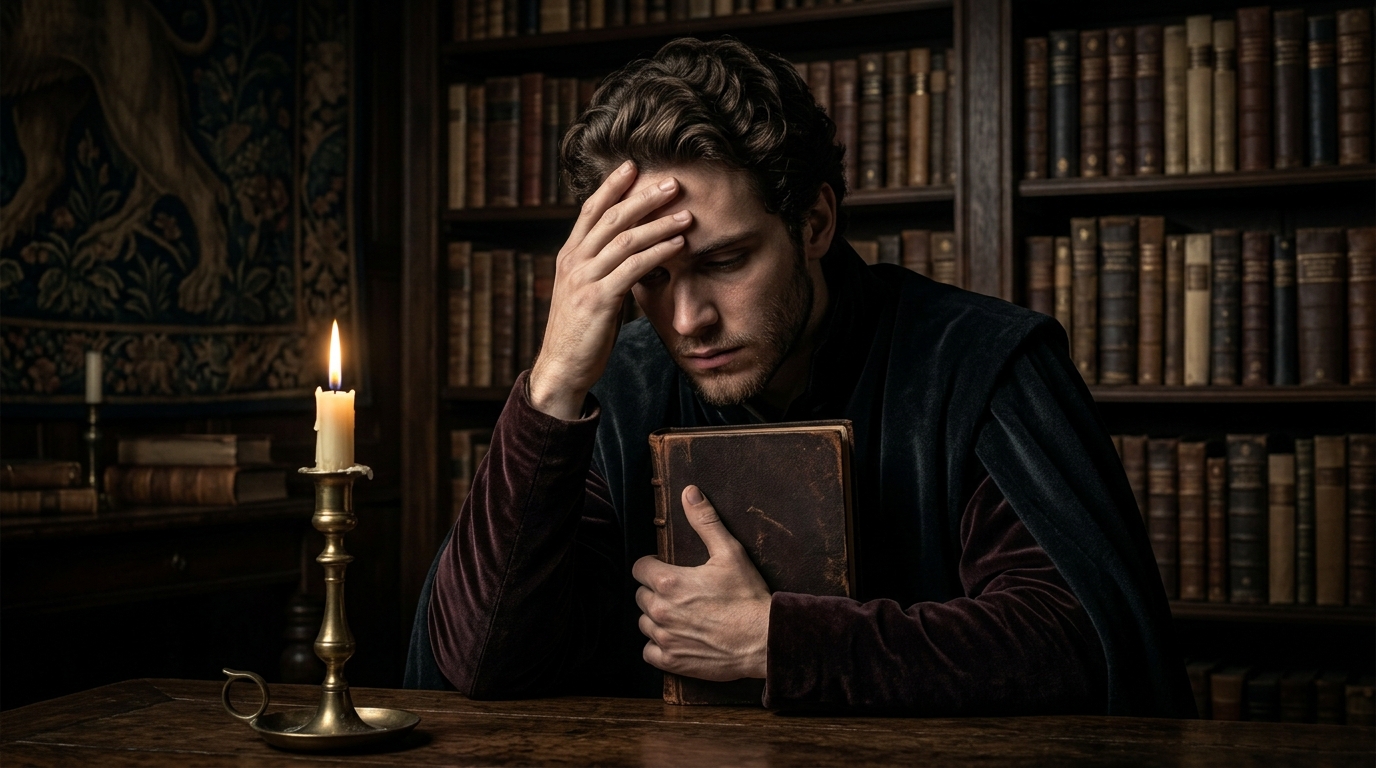 Close-up character portrait of Prince Hamlet in deep thought in a dark library.