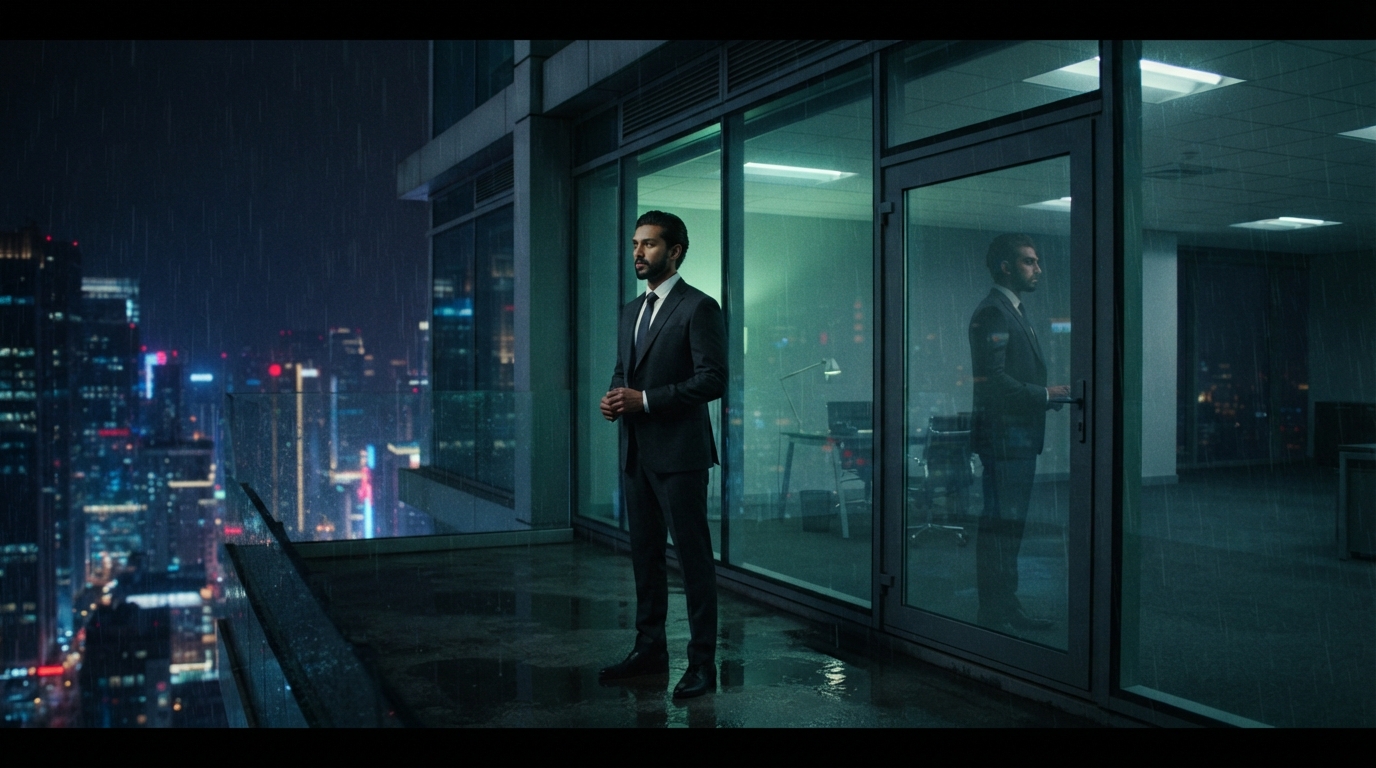 A cinematic still from a modern Hamlet film adaptation, featuring a man in a suit on a rainy corporate balcony at night.