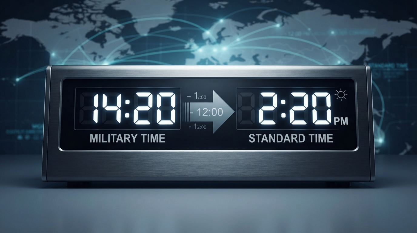 Close-up of a vintage 24-hour military aircraft clock showing the time 14:20.