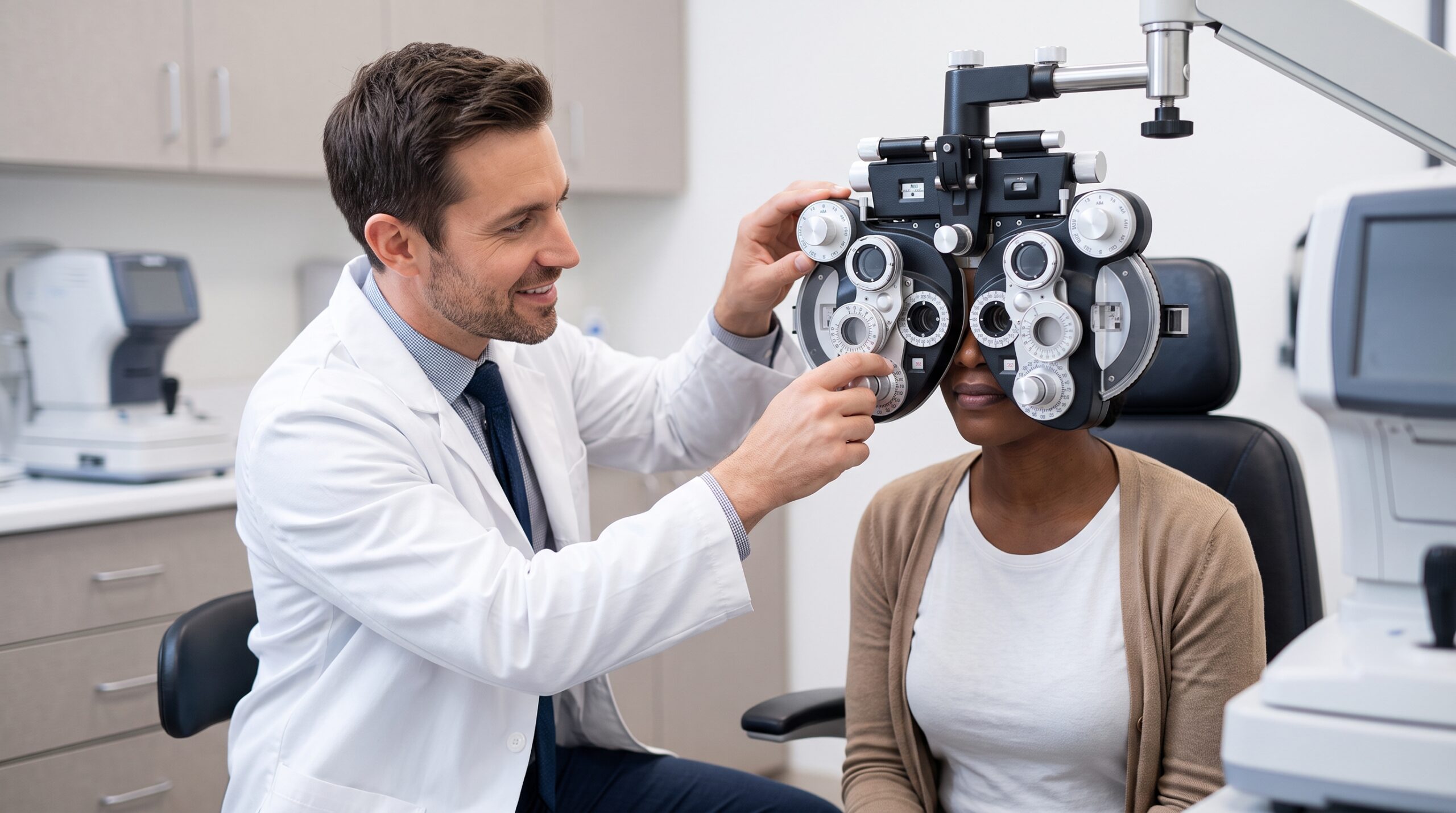 A professional optometrist conducting a routine eye refraction test on a patient in a Vincennes, Indiana clinic.