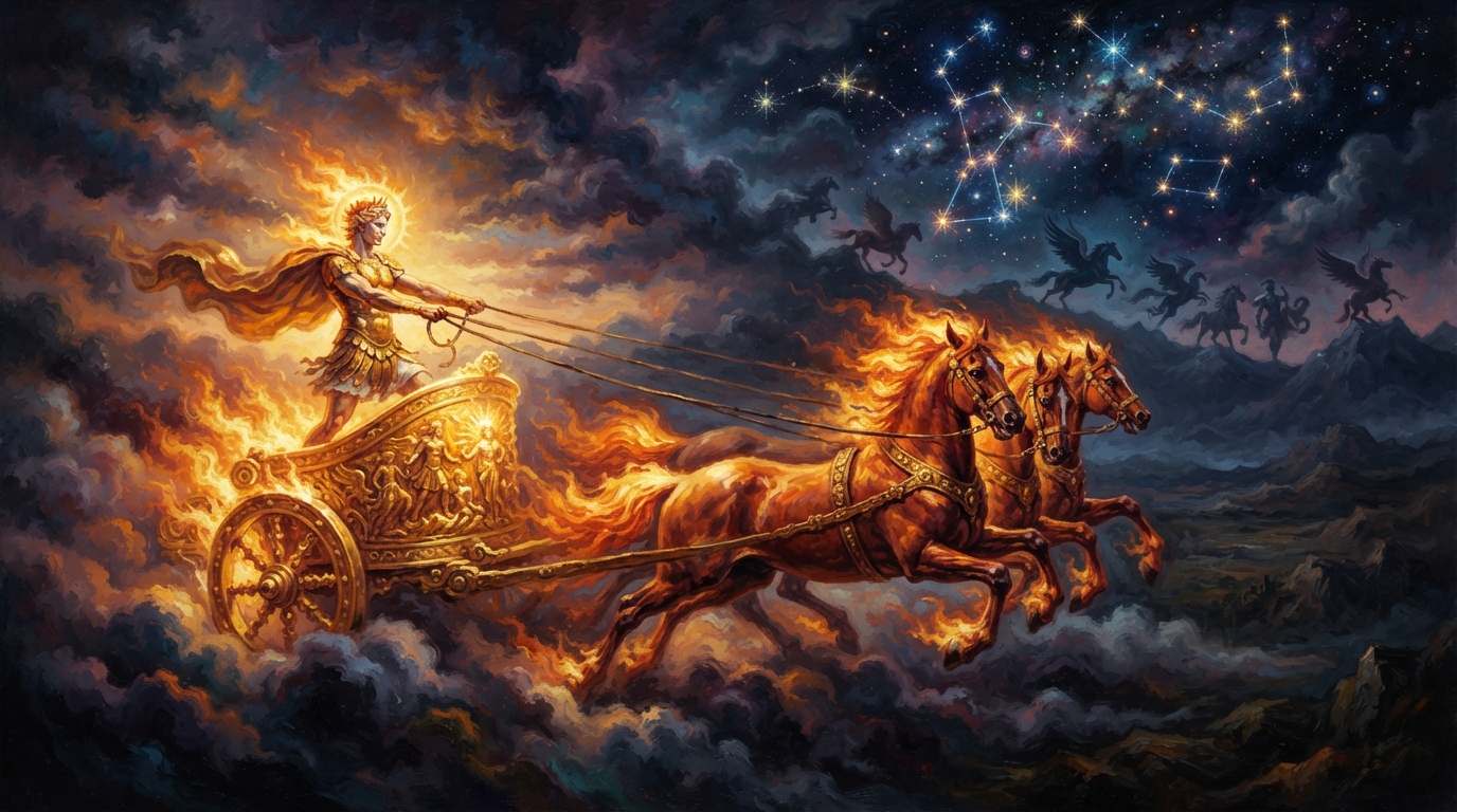 An oil painting of a classical sun chariot racing across a twilight sky to illustrate mythological allusions in Romeo and Juliet.