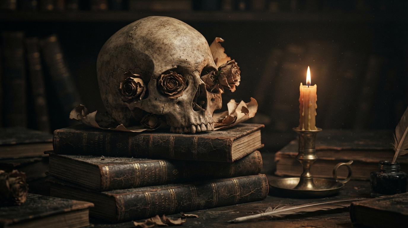 Vintage skull and old book by candlelight, symbolizing mortality and human frailty.