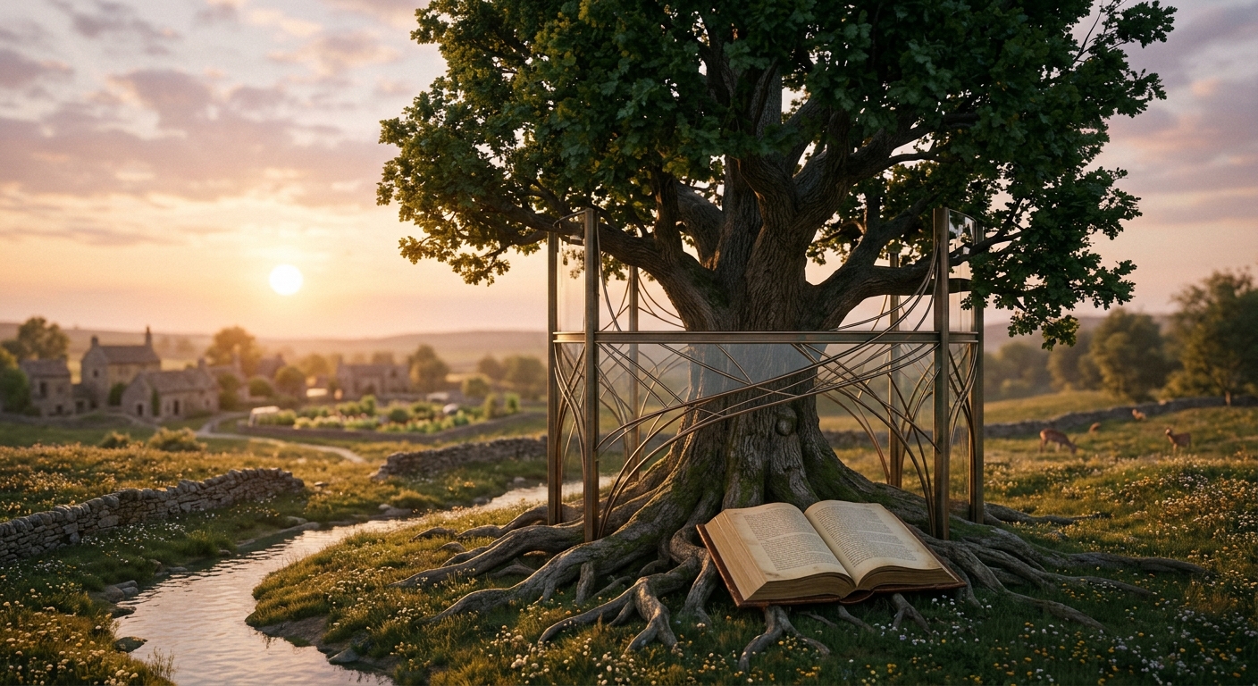 Peaceful photograph of an old oak tree with modern protective steel and glass architectural support.