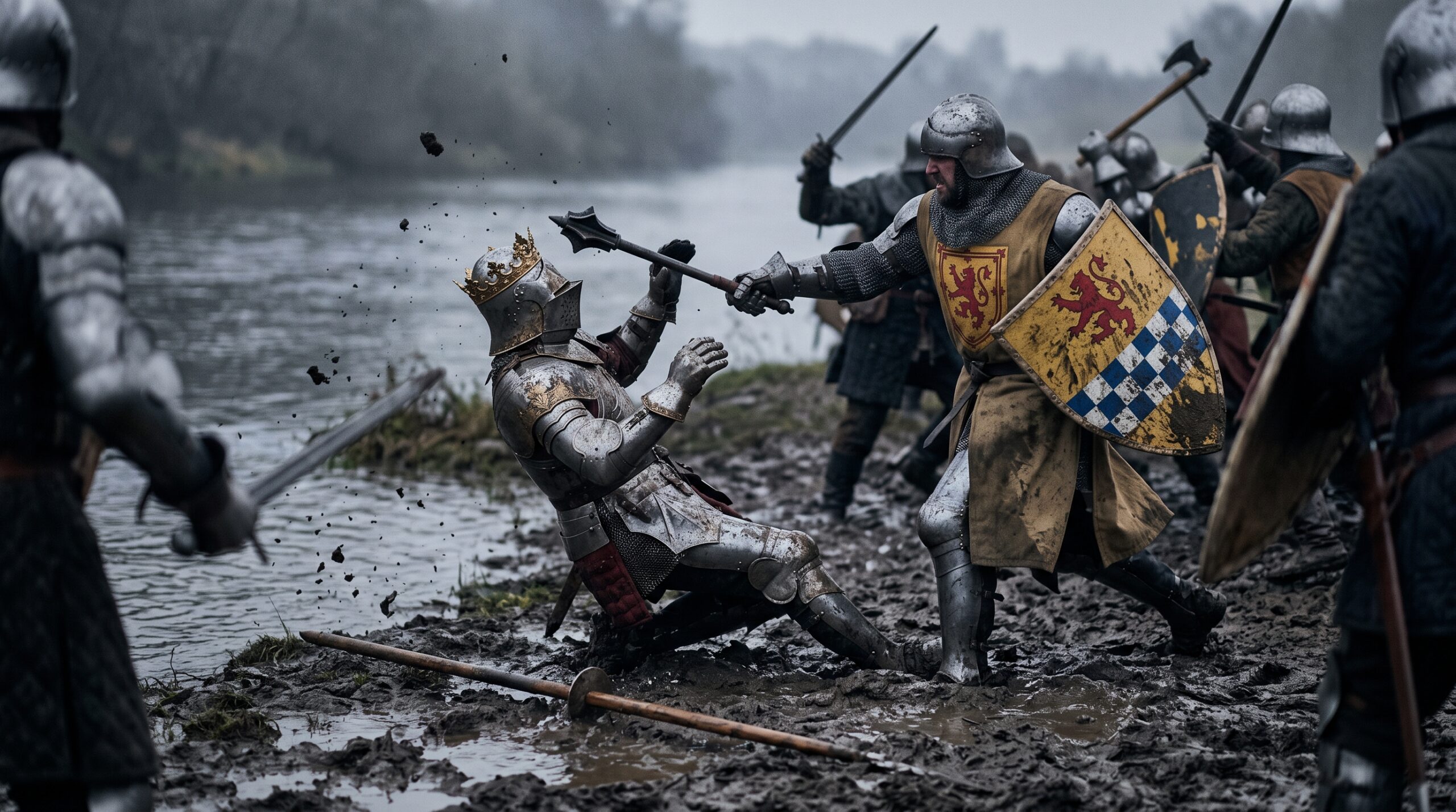 The Battle of Baugé (1421), death of Thomas Lancaster, Duke of Clarence, unhorsed and attacked by a Scottish knight.