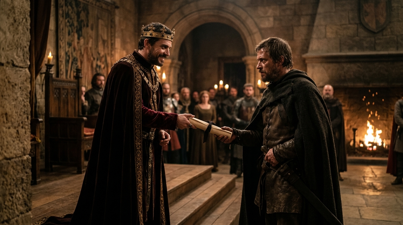 A close-up photograph of Macbeth and Banquo in a medieval hall, where Macbeth smiles deceptively while offering an invitation, and Banquo accepts it with a guarded, suspicious look, illustrating the false friendship in Act 3 Scene 1.