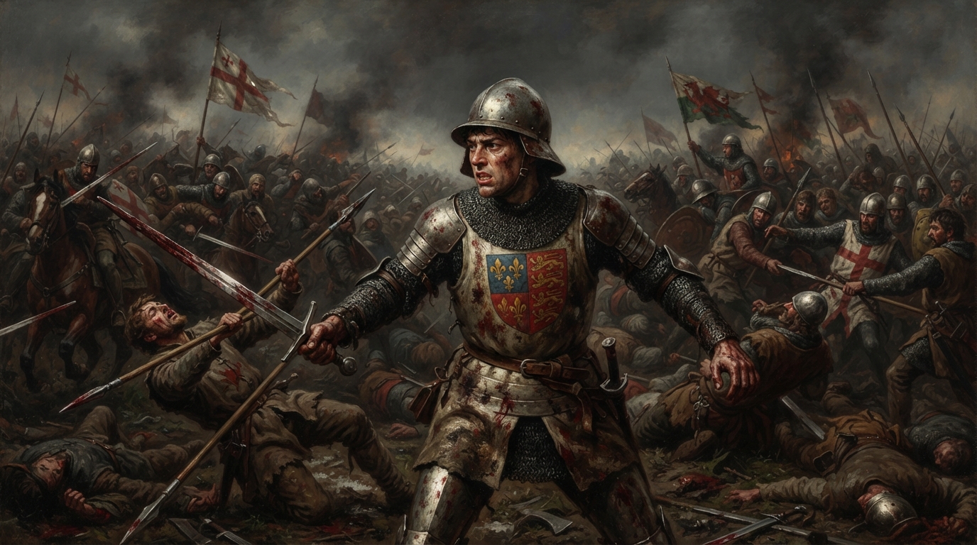 Historical painting of young Prince Hal fighting at the Battle of Shrewsbury, showing his early military career rather than tavern life.