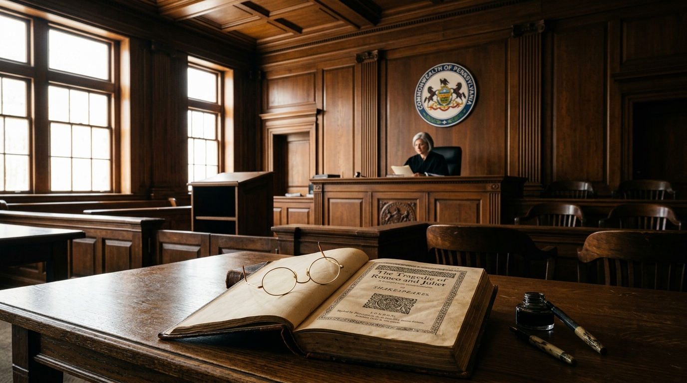 An antique copy of Shakespeare's 'Romeo and Juliet' open on a table in a modern Pennsylvania courtroom, symbolizing the intersection of literature and law.